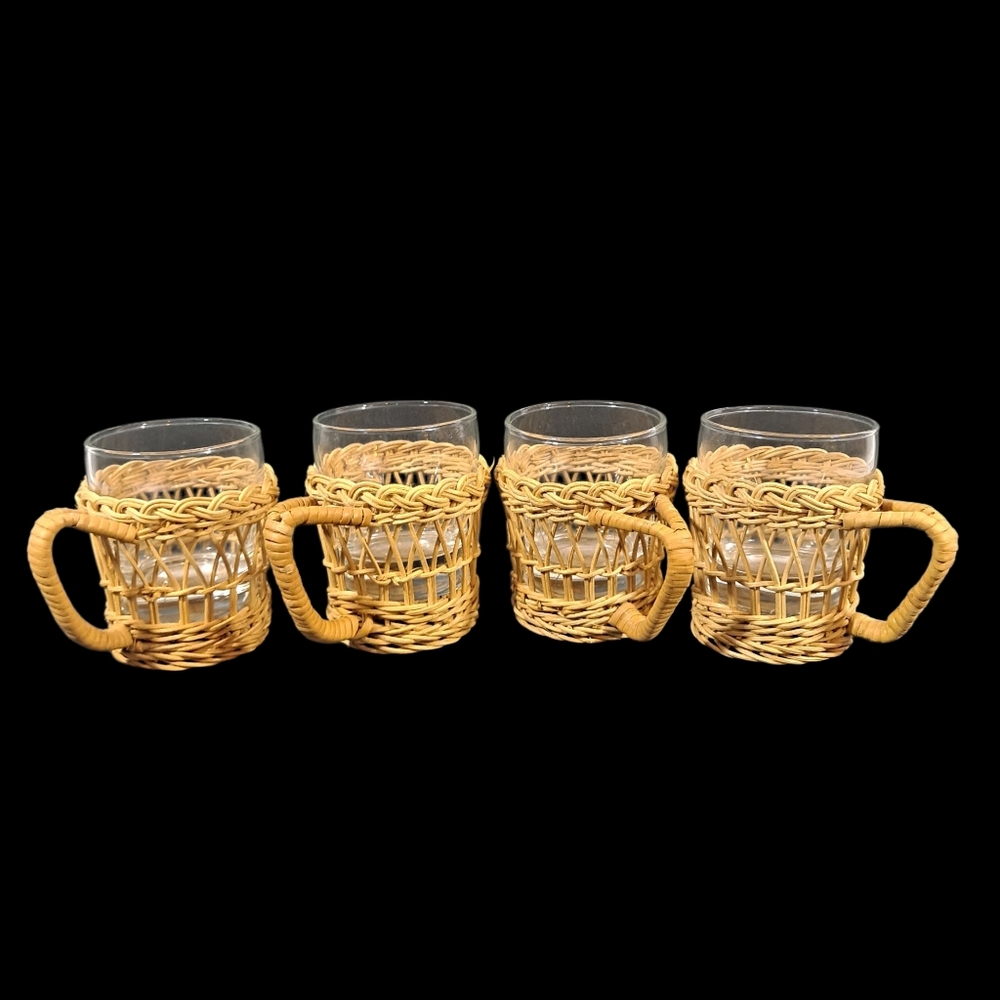 Vintage Rattan Juice Pitcher Four Glasses Snack Dish Set Wicker Boho MCM - Picture 2 of 12